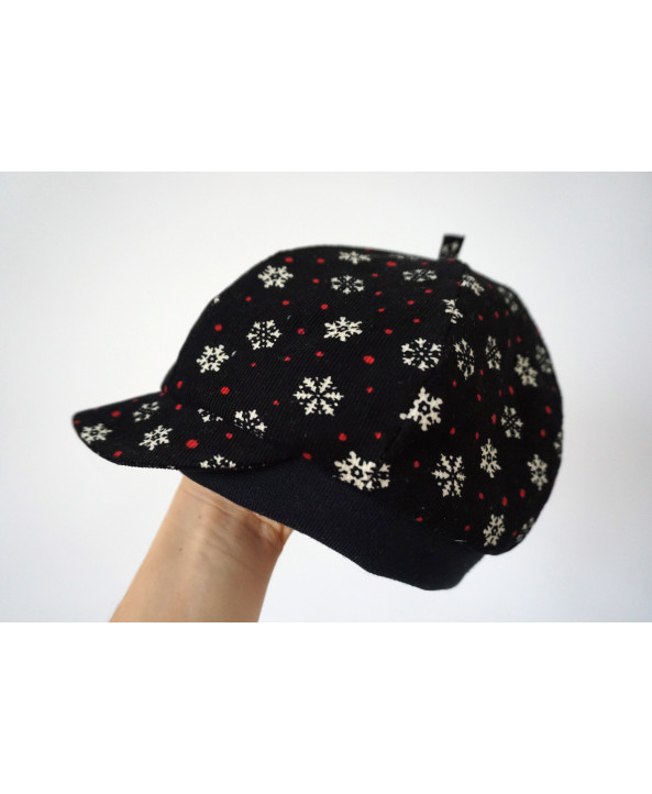Girls 2-3 years Black Cord Hat/Baret Snowflakes dots red white Handmade UK