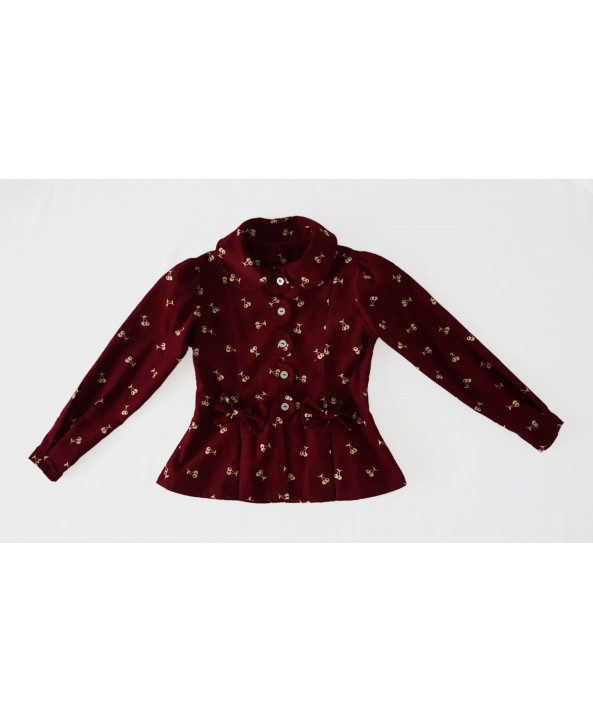 Girls 3-4 years Fancy Cord Jacket, Burgundy Cherry Print Cotton Corduroy