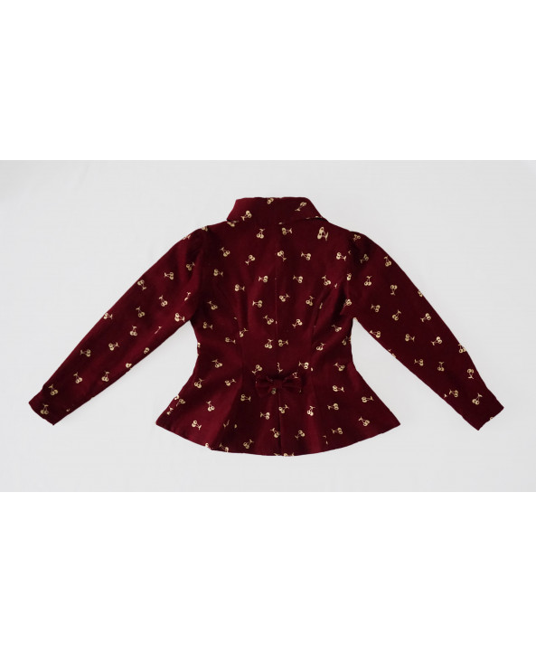 Girls 3-4 years Fancy Cord Jacket, Burgundy Cherry Print Cotton Corduroy