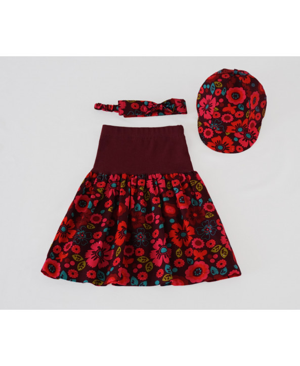 Girl 3 Piece Set - Skirt, Hat, Headband, 2-4 years Corduroy Floral